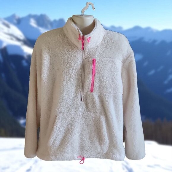 Victorias Secret Pink Sherpa Fleece Pullover Hoodie Pink Accents -L - Picture 1 of 7